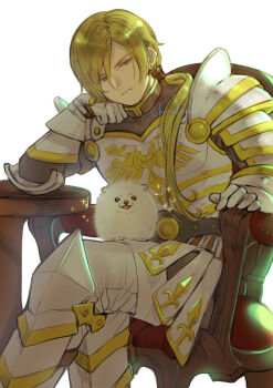 1boy 1other animal animal_on_lap animal_request armor armrest blonde_hair commentary_request crossed_legs dragon_quest dragon_quest_xi earrings gold_trim hand_on_own_cheek hand_on_own_face homeros_(dq11) jewelry kimidori_(kimidoriri) looking_down low_ponytail male_focus on_lap ponytail sitting solo_focus sparkle stud_earrings white_background white_fur yellow_eyes