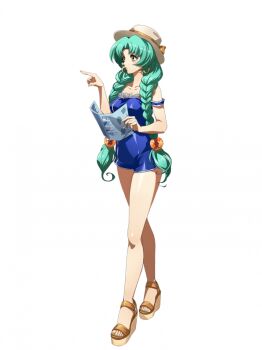 1girl bare_arms bare_shoulders blue_one-piece_swimsuit braid breasts brown_hat closed_mouth collarbone curtained_hair earrings frilled_one-piece_swimsuit frills full_body game_cg gold_earrings green_hair hair_bobbles hair_ornament hair_over_shoulder hat hat_ribbon holding holding_paper hoop_earrings index_finger_raised jewelry langrisser langrisser_iv langrisser_mobile legs long_hair looking_to_the_side low-tied_long_hair medium_breasts official_alternate_costume official_art one-piece_swimsuit orange_ribbon pamphlet paper platform_sandals pointing pointing_to_the_side pursed_lips ribbon sandals schelfaniel_(langrisser) simple_background solo sphere_hair_ornament standing strap_slip sun_hat swimsuit tachi-e third-party_source toes transparent_background twin_braids twintails very_long_hair yellow_eyes