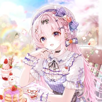 1girl :d absurdres beret black_bow blurry blurry_background blush bow braid bug butterfly cake chair cherry choker cup day depth_of_field dress food frills fruit glasses hair_between_eyes hair_bow hair_ornament hat heart highres insect jewelry kengdeji large_variant_set long_hair looking_at_viewer open_mouth original outdoors pink_hair plaid_clothes plaid_dress puffy_short_sleeves puffy_sleeves purple_bow purple_dress purple_eyes rainbow ring shirt short_sleeves sitting smile solo strawberry table twintails variant_set very_long_hair white_shirt wrist_cuffs