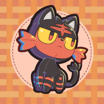 Rule 34 | closed mouth, colored sclera, commentary, commentary request, english commentary, frown, full body, gen 7 pokemon, litten, mixed-language commentary, nintendo, no humans, objectification, orange background, pluto.m, pokemon, pokemon (creature), seams, solo, stuffed toy, yellow sclera