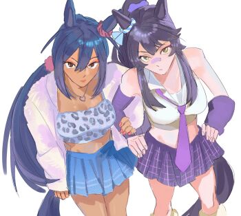 2girls absurdres animal_ears arm_warmers bandaid bandaid_on_face bandaid_on_nose bare_shoulders black_hair blue_skirt breasts closed_mouth coat coffetia collared_shirt dark-skinned_female dark_skin ear_ornament ear_scrunchie hair_between_eyes heart heart_necklace highres hishi_amazon_(umamusume) horse_ears horse_girl horse_tail jewelry long_hair long_sleeves looking_at_viewer medium_breasts midriff multiple_girls narita_brian_(umamusume) necklace necktie open_clothes open_coat pink_nails ponytail purple_arm_warmers purple_necktie purple_skirt red_eyes scrunchie shirt simple_background skirt sleeveless sleeveless_shirt striped_clothes striped_scrunchie tail tank_top umamusume very_long_hair white_background white_shirt yellow_eyes