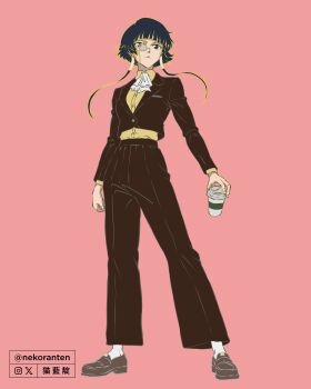 1girl absurdres alternate_costume ascot black_hair black_jacket black_pants black_shoes bleach blue_eyes commentary cup disposable_coffee_cup disposable_cup english_commentary expressionless full_body high-waist_pants highres holding holding_cup jacket light_frown loafers monocle nekoranten pants pink_background shirt shoes short_hair_with_long_locks sidelocks solo sui-feng twitter_username white_ascot yellow_shirt