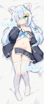 1girl absurdres animal_ear_fluff animal_ears bed_sheet black_jacket black_sailor_collar black_skirt blue_bow blue_bowtie bow bowtie cat_ears cat_girl cat_tail collarbone commentary_request commission dakimakura_(medium) ear_wreath embarrassed flower_wreath frilled_skirt frills full_body green_eyes hair_flaps hair_ornament hair_over_one_eye hand_on_own_chest highres jacket light_blush loli long_sleeves looking_at_viewer lying miniskirt navel no_panties no_shoes on_back open_clothes open_jacket original sailor_collar sample_watermark school_uniform shirt sidelocks single_bare_shoulder skirt sleeves_past_wrists solo star_(symbol) star_hair_ornament stomach tail thighhighs tian_yang unzipped watermark watermark_grid white_hair white_shirt white_thighhighs