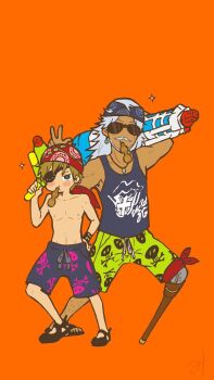 2boys alternate_costume bad_id bad_pixiv_id bandana beard black_sandals blue_shirt blue_shorts blush_stickers brown_hair chaos_jim_(grimms_notes) collarbone facial_hair full_body green_eyes grey_hair grimms_notes hand_up highres holding holding_water_gun jewelry john_silver_(grimms_notes) long_hair male_focus misoshiru_umai4 mouth_hold multiple_boys necklace nipples one_eye_covered orange_background peg_leg red_bandana sandals shirt short_hair shorts simple_background sparkle sunglasses topless_male v water_gun