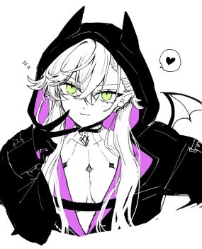 1girl bat_wings breasts chest_tattoo collarbone demon_horns earrings fate/grand_order fate_(series) green_eyes heart hood hoodie horns jewelry large_breasts lilith_(fate) lilith_(first_ascension)_(fate) long_hair mo_(aabx315) neck_tattoo open_clothes single_earring spoken_heart tattoo twintails v wings