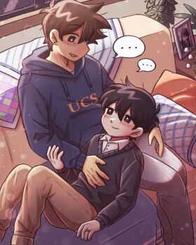 ... 2boys absurdres alternate_costume antenna_hair black_eyes black_hair black_sweater blue_hoodie blush bright_pupils brown_hair brown_pants closed_mouth collared_shirt commentary dark-skinned_male dark_skin ear_piercing english_commentary flower grey_pants hero_(faraway)_(omori) hero_(omori) highres hood hood_down hoodie indoors lap_pillow lily_of_the_valley long_sleeves looking_at_another lying male_focus mari_(faraway)_(omori) mari_(omori) multiple_boys omori on_back open_mouth pants piercing setosexual shirt shirt_under_sweater short_hair sitting smile speech_bubble spoken_ellipsis sunny_(omori) sweater white_pupils window yaoi