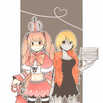 2girls belt bika_kawasaki black_dress black_eyes blonde_hair bow breasts capelet cleavage crown dress feather_boa female_focus fur fur_trim hand_on_own_hip heart hip_focus jolly_roger midriff monster_girl multiple_girls navel nylons one_piece perona pink_hair pirate plate scar short_cape silk skirt spider_web stitches striped_legwear thighhighs thriller_bark twintails umbrella victoria_cindry zombie