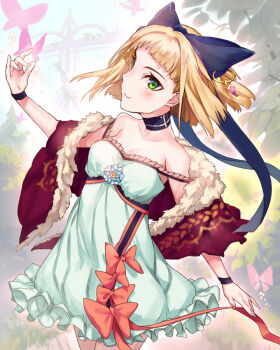 Rule 34 | 1girl, animal ears, bare shoulders, blonde hair, bug, butterfly, cat ears, dress, earrings, green eyes, bug, jewelry, looking at viewer, nemeko, original, smile