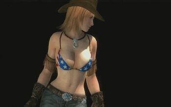 1girl 3d american_flag american_flag_bikini american_flag_print animated animated_gif bare_shoulders belt bikini bikini_top_only black_background blonde_hair blue_eyes bouncing_breasts breasts brown_belt brown_gloves cowboy_hat dead_or_alive dead_or_alive_5 denim female_focus flag_print flag_print_bikini game_screenshot gloves hat jeans large_breasts navel pants print_bikini simple_background solo swimsuit tecmo tina_armstrong video_game_screencap wide_hips