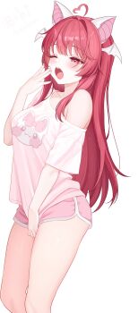 1girl :o absurdres ahoge animal_ears bibixart breasts cherrikko_(vtuber) dolphin_shorts feet_out_of_frame from_side hair_intakes hand_up hashtag-only_commentary head_wings heart heart_ahoge highres indie_virtual_youtuber large_breasts long_hair mini_wings off-shoulder_shirt off_shoulder one_eye_closed open_mouth pink_eyes pink_shirt pink_shorts print_shirt red_hair shirt short_shorts short_sleeves shorts simple_background single_bare_shoulder single_off_shoulder solo standing white_background wings yawning