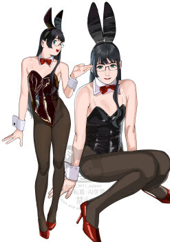 1girl absurdres animal_ear_hairband animal_ears black_hair black_leotard black_pantyhose bow bowtie detached_collar fake_animal_ears full_body glasses hairband high_heels highres kantai_collection leotard long_hair multiple_views ojipon ooyodo_(kancolle) pantyhose playboy_bunny rabbit_ears red_bow red_bowtie red_shoes see-through_strap shoes simple_background sitting watermark white_background wrist_cuffs