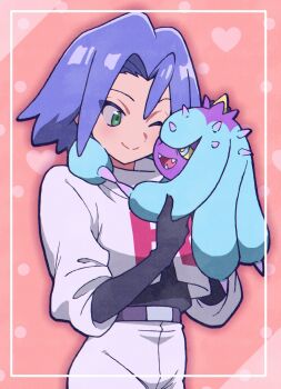 1boy belt blue_hair gen_7_pokemon green_eyes heart highres james_(pokemon) looking_at_another macchiromomomo mareanie nintendo one_eye_closed pink_background pokemon pokemon_(anime) pokemon_(classic_anime) pokemon_(creature) purple_belt smile solo solo_focus team_rocket team_rocket_uniform