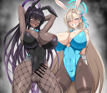 1girl 2girls absurdres alternate_eye_color animal_ears aqua_leotard areola_slip arms_behind_back arms_behind_head arms_up asuna_(blue_archive) asuna_(bunny)_(blue_archive) black_hair black_leotard blonde_hair blue_archive blue_bow blue_bowtie blue_halo blue_leotard bow bowtie breasts dark-skinned_female dark_skin detached_collar fake_animal_ears fishnet_pantyhose fishnets futanari gdgdxd96 gloves gradient_hair hair_over_one_eye halo highleg highleg_leotard highres karin_(blue_archive) karin_(bunny)_(blue_archive) large_breasts leotard long_hair looking_at_viewer mole mole_on_breast multicolored_hair multiple_girls official_alternate_costume open_mouth pantyhose penis pink_eyes playboy_bunny ponytail purple_hair purple_halo rabbit_ears rabbit_tail smile strapless strapless_leotard tail thighband_pantyhose traditional_bowtie very_long_hair white_gloves yellow_eyes