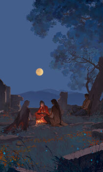2boys 2girls against_tree bonfire character_request chinese_clothes chinese_commentary commentary_request fire full_moon grass gujian_qitan_3 hanfu head_rest highres ibuki_satsuki indian_style jinyun_(gujian_qitan) looking_at_another moon mountain multiple_boys multiple_girls night outdoors red_hanfu rock sitting sword tree weapon wuzhao_(gujian_qitan)
