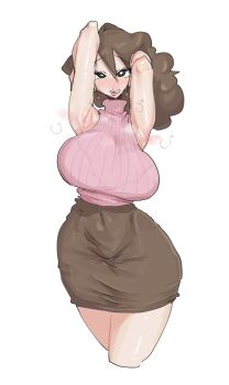 1girl absurdres armpits arms_up blush bra_visible_through_clothes breasts brown_hair brown_skirt crayon_shin-chan curly_hair earrings highres jewelry large_breasts leebo_(leeboxxx) looking_at_viewer mature_female medium_hair nohara_misae parted_lips presenting_armpit skirt sleeveless sleeveless_turtleneck smile solo tight_clothes turtleneck