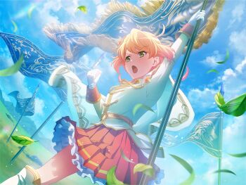 Rule 34 | 1girl, blue sky, boots, clenched hand, flag, game cg, green eyes, holding, holding flag, jacket, long sleeves, official art, open mouth, orange hair, petals, red skirt, shoujo kageki revue starlight, shoujo kageki revue starlight -re live-, skirt, sky, solo, standing, thigh boots, umibe minku, upper body, v-shaped eyebrows, white boots, white jacket