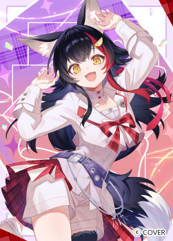 1girl :d animal_ear_fluff animal_ears arms_up belt black_belt black_hair bow chest_bow commentary_request copyright_notice cropped_jacket detached_collar double-parted_bangs flipped_hair hair_between_eyes hair_ornament hairclip hololive jacket lapel_pin lapels long_hair looking_at_viewer low-tied_long_hair miniskirt multicolored_hair namihaya notched_lapels official_alternate_costume official_art ookami_mio open_mouth overskirt plaid_bow plaid_clothes plaid_skirt pleated_skirt red_skirt red_streaks shirt short_shorts shorts sidelocks single_hair_streak skirt sleeve_cuffs smile solo spiked_hair streaked_hair tail tail_around_own_leg very_long_hair vest virtual_youtuber white_hair white_jacket white_shirt white_shorts white_vest wolf_ears wolf_girl wolf_tail yellow_eyes