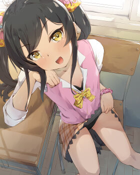 1girl :d animal_print black_bra black_hair black_panties blush bow bra breasts brown_skirt chair clothes_lift collarbone collared_shirt commentary_request day desk dress_shirt female_focus from_above hand_up highres idolmaster idolmaster_cinderella_girls indoors leopard_print lifting_own_clothes looking_at_viewer matoba_risa on_chair open_clothes open_mouth open_shirt panties plaid_clothes plaid_skirt pleated_skirt print_bow school_chair school_desk school_uniform seneto shirt sitting skirt skirt_lift small_breasts smile solo sunlight sweater_vest teeth twintails underwear upper_teeth_only white_shirt window yellow_bow yellow_eyes