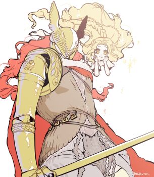1280x720 1boy 1girl androgynous blonde_hair braid brother_and_sister brown_dress cape covered_face cowboy_shot dress elden_ring facing_viewer floating from_below fur-trimmed_cape fur_trim helmet highres holding holding_sword holding_weapon levitation long_hair malenia_blade_of_miquella mechanical_arms miquella_(elden_ring) multiple_braids prosthesis prosthetic_arm red_cape red_hair siblings signature simple_background sword twins twitter_username weapon white_background winged_helmet yellow_eyes