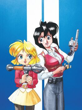 1990s_(style) ammunition belt black_hair black_pantyhose blonde_hair blue_eyes bullet casing_ejection collared_shirt cowboy_shot gun gunsmith_cats handgun harness highres holding holding_gun holding_weapon jacket long_sleeves miniskirt minnie_may_hopkins non-web_source official_art open_mouth pantyhose rally_vincent red_jacket red_vest retro_artstyle revolver rocket_launcher shell_casing shirt shirt_tucked_in short_hair skirt sonoda_ken'ichi standing tongue tongue_out vest weapon white_shirt yellow_skirt