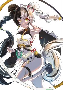 1girl agencypostart ahoge arm_up bare_shoulders black_hair braid braided_twintails chakram china_dress chinese_clothes clenched_hand closed_mouth commentary corded_phone dialyn_(zenless_zone_zero) double_bun dress earrings hair_bun hair_extensions hair_ornament highres jewelry leg_up long_hair looking_at_viewer multicolored_hair necktie panda_hair_ornament phone ring_hair_extensions simple_background sleeveless sleeveless_dress solo split-color_hair symbol-only_commentary thighhighs weapon white_background white_dress white_hair white_thighhighs wire yellow_eyes yellow_necktie zenless_zone_zero