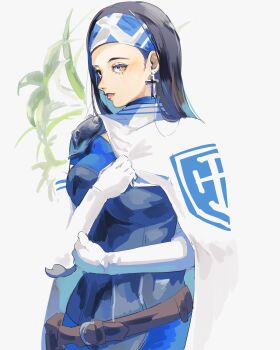 Rule 34 | 1girl, 4me3ba niku, armor, belt, beth (megami tensei), black hair, black headband, blue shirt, cape, cross, cross earrings, earrings, flower, gloves, hand on own chest, headband, highres, jewelry, long hair, looking at viewer, red lips, shin megami tensei, shin megami tensei ii, shirt, shoulder armor, solo, white background, white cape, white gloves, yellow eyes