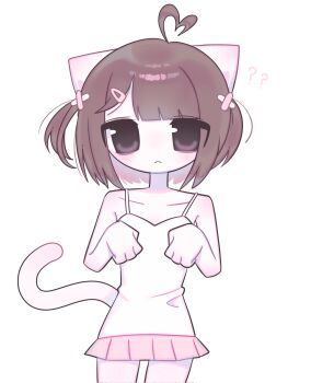 1018sus 1girl :< ? ?? ahoge animal_ears bandaid bandaid_hair_ornament bare_arms bare_shoulders black_eyes blunt_bangs blush brown_hair camisole cat_ears cat_girl cat_tail closed_mouth collarbone colored_skin commentary_request corrupted_twitter_file cowboy_shot crossed_bandaids expressionless eyes_visible_through_hair fewer_digits flat_chest hair_ornament hairclip hands_up heart heart_ahoge highres jitome korean_commentary looking_at_viewer microskirt original paw_pose petite pink_skirt pleated_skirt short_hair shoulder_blush side_ponytail simple_background skirt solo spaghetti_strap standing straight-on tail very_big_eyes white_background white_camisole white_skin white_tail