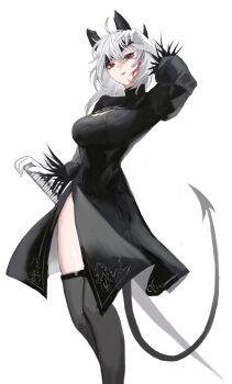 1girl 2b_(nier:automata) 2b_(nier:automata)_(cosplay) absurdres ahoge black_dress black_horns black_tail black_thighhighs blindfold blindfold_lift breasts cosplay curled_horns demon_tail dress gloves grey_hair hair_between_eyes hand_on_hilt haruhachiya highres horns large_breasts long_hair looking_at_viewer mole mole_under_eye multicolored_hair nier:automata nier_(series) parted_lips red_eyes simple_background solo streaked_hair sword tail thighhighs thighs weapon white_background white_gloves wuthering_waves zani_(wuthering_waves)