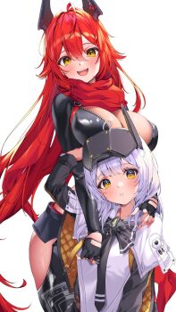 Rule 34 | 2girls, @shun, black gloves, blush, breasts, cleavage, cloak, closed mouth, clothing cutout, cowboy shot, cropped jacket, dress, fingerless gloves, gloves, goddess of victory: nikke, hair between eyes, head-mounted display, height difference, highres, hip vent, horns, jacket, large breasts, leather, leather jacket, leather pants, long hair, long sleeves, looking at viewer, mechanical horns, multiple girls, open mouth, pants, red hair, red hood (nikke), red scarf, scarf, smile, snow white (innocent days) (nikke), snow white (nikke), unzipped, visor lift, white cloak, white hair, yellow eyes