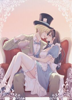 Rule 34 | 1boy, 1girl, alice's adventures in wonderland, alice (alice in wonderland), alice (alice in wonderland) (cosplay), apron, black hair, black hairband, black hat, blonde hair, blue bow, blue bowtie, blue dress, blue eyes, blue shoes, blue vest, blush, bow, bowtie, breasts, card, cleavage, cloud strife, collared shirt, commentary request, cosplay, couple, cup, dress, earrings, eye contact, feet out of frame, final fantasy, final fantasy vii, frilled apron, frilled dress, frilled skirt, frilled sleeves, frills, from side, hair ribbon, hairband, hand on another's arm, hat, hetero, high heels, highres, holding, holding plate, holding teapot, jacket, jewelry, legs, lips, long hair, looking at another, low-tied long hair, mad hatter (alice in wonderland), mad hatter (alice in wonderland) (cosplay), medium breasts, mixmomo yah, pants, parted lips, plate, profile, puffy short sleeves, puffy sleeves, red eyes, ribbon, shirt, shoes, short hair, short sleeves, single earring, sitting, sitting between lap, sitting on lap, sitting on person, skirt, teacup, teapot, thighhighs, thighs, tifa lockhart, top hat, vest, white apron, white ribbon, white shirt, white thighhighs