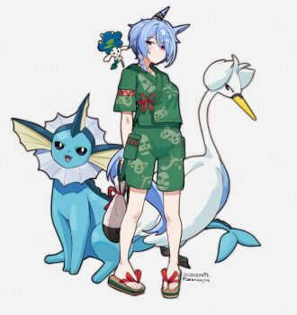 Rule 34 | 1girl, absurdres, alternate costume, animal ears, bag, beak, bird, blue eyes, blue flower, blue fur, blue hair, blush, breasts, cetacean tail, closed mouth, commentary request, fins, fish tail, floette, floette (blue flower), flower, forked tail, full body, gen 1 pokemon, gen 5 pokemon, gen 6 pokemon, green shirt, green shorts, hair between eyes, head fins, highres, holding, holding bag, holding flower, horse ears, horse girl, horse tail, k.s.miracle (umamusume), looking at viewer, nintendo, open mouth, pokemon, pokemon (creature), pokemon sv, print shirt, print shorts, red ribbon, ribbon, sandals, saramiao-chan, shirt, short hair, short sleeves, shorts, simple background, smile, swan, swanna, tail, umamusume, vaporeon, wings