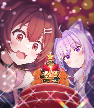 2girls :3 absurdres ahoge animal_ear_fluff animal_ears animal_print bell black_choker black_jacket black_shirt blurry bone_hair_ornament brown_eyes brown_hair cake cat_ears cat_girl choker christmas closed_mouth collared_shirt commentary_request decorations depth_of_field dog_ears dog_girl dog_print fangs food gocks6811 hair_ornament highres hololive inugami_korone inugami_korone_(roomwear) jacket light_blush looking_at_food mini_christmas_tree multiple_girls nekomata_okayu nekomata_okayu_(oversized_shirt) o-ring o-ring_choker open_clothes open_jacket open_mouth pikipiki_piiman_(inugami_korone) purple_eyes purple_hair shirt short_hair sparkle virtual_youtuber white_shirt