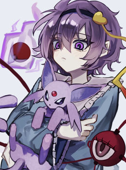 1girl absurdres animal animal_hug black_hairband blue_shirt closed_mouth collared_shirt commentary crossover espeon eyeball forehead_jewel forked_tail frilled_shirt_collar frilled_sleeves frills frown gem gen_2_pokemon genshi_neki hair_ornament hairband heart heart_hair_ornament highres komeiji_satori long_sleeves nari_(bikkii) nintendo poke_ball poke_ball_(basic) pokemon pokemon_(creature) purple_eyes purple_fur purple_hair red_gemstone shirt tail third_eye touhou trait_connection wide_sleeves