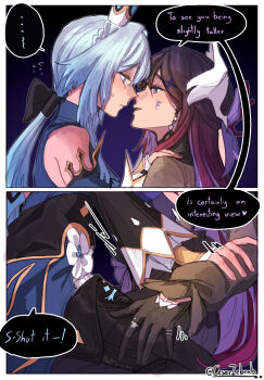 ... 2girls bare_shoulders black_gloves blue_eyes blue_hair blush cerydra_(honkai:_star_rail) cesar_zebrah closed_mouth commentary english_commentary english_text eye_contact flying_sweatdrops gloves hand_blush hand_on_another's_shoulder hand_on_another's_thigh highres honkai:_star_rail honkai_(series) hysilens_(honkai:_star_rail) long_hair looking_at_another multiple_girls parted_lips ponytail purple_hair sitting sitting_on_lap sitting_on_person speech_bubble spoken_ellipsis yuri