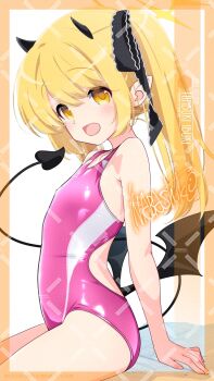 1girl adversarial_noise artist_name black_horns black_ribbon black_tail black_wings blonde_hair blue_archive character_name competition_swimsuit cowboy_shot demon_horns demon_tail demon_wings flat_chest hair_ribbon halo highres horns ibuki_(blue_archive) inaba_shiki long_hair looking_at_viewer one-piece_swimsuit pink_one-piece_swimsuit pointy_ears ribbon sitting smile solo swimsuit tail twintails two-tone_swimsuit watermark watermark_grid wings yellow_eyes yellow_halo