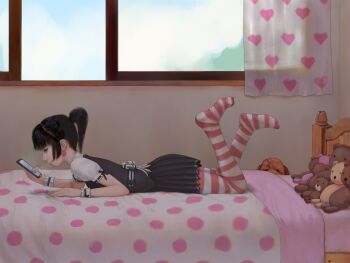 1girl bed cellphone dog henti highres lying on_stomach pet phone poodle striped_clothes striped_thighhighs stuffed_animal stuffed_toy thighhighs