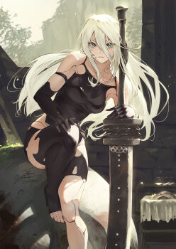 1girl a2_(nier:automata) black_gloves black_shirt breasts commentary elbow_gloves fadingz feet foot_out_of_frame gloves green_eyes hair_between_eyes highres holding holding_sword holding_weapon joints legs lips long_hair looking_at_viewer medium_breasts mole mole_under_mouth nier:automata nier_(series) no_shoes parted_lips revision robot_joints shirt sitting solo sword toeless_legwear toes weapon white_hair