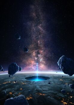 absurdres asteroid atmospheric_layer city_lights cloud commentary_request crater debris highres launching light_trail milky_way no_humans original pei_(sumurai) planet rock scenery space star_(sky) zero_gravity