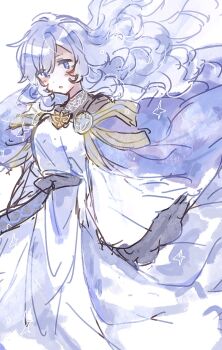 1girl :o deirdre_(fire_emblem) dress fire_emblem fire_emblem:_genealogy_of_the_holy_war floating_hair hair_between_eyes highres long_hair long_sleeves looking_at_viewer mbkmmm nintendo open_mouth purple_eyes purple_hair sleeves_past_fingers sleeves_past_wrists solo very_long_hair white_background white_dress wide_sleeves