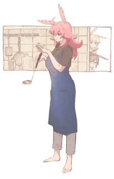 3girls ahoge apron black_hair blonde_hair cooking eyebrows_hidden_by_hair fate/grand_order fate_(series) hair_between_eyes highres hildr_(fate) hirunagi kitchen long_hair multiple_girls ortlinde_(fate) pants pink_eyes pink_hair plate pointy_ears short_hair standing tasting tasting_plate thrud_(fate) valkyrie_(fate) white_background