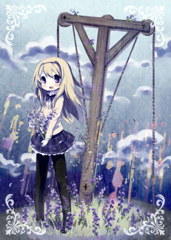 1girl black_pantyhose blonde_hair blue_sky blush chaos;head cloud field flower flower_field full_body holding holding_flower jacket lavender_(flower) long_hair long_sleeves looking_at_viewer mamimu_(ma-mi-mu.me) nishijou_nanami object_request open_mouth pantyhose plaid_clothes plaid_skirt pulley purple_eyes purple_skirt science_adventure skirt sky smile solo standing yellow_jacket