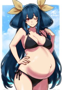 1girl bare_shoulders bikini black_bikini blue_hair blush bow breasts cleavage collarbone dizzy_(guilty_gear) female_focus guilty_gear hair_bow hair_rings highres large_breasts long_hair looking_at_viewer navel one_eye_closed outie_navel pink_eyes pregnant ribbon rotomdocs side-tie_bikini_bottom signature smile solo swimsuit twintails very_long_hair yellow_bow