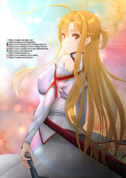 1girl ahoge armor artist_name asuna_(sao) bare_shoulders belt booth_logo booth_username braid breasts brown_eyes brown_hair commentary_request cowboy_shot detached_sleeves dress fanbox_logo fanbox_username from_behind half_up_half_down_braid highres holding holding_sword holding_weapon instagram_logo instagram_username knights_of_blood_uniform_(sao) lambent_light long_hair long_sidelocks long_sleeves looking_back looking_to_the_side medium_breasts medium_dress misaka-net paid_reward_available parted_lips patreon_logo patreon_username pixiv_logo pixiv_username rapier scabbard sheath sidelocks sleeveless sleeveless_dress smile solo sword sword_art_online threads_logo threads_username turtleneck turtleneck_dress twitter_logo twitter_username unsheathed variant_set watermark weapon web_address white_armor white_belt white_dress white_sleeves youtube_logo youtube_username
