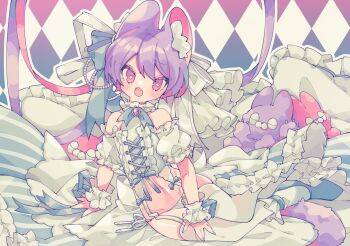 1boy :o animal_ear_fluff animal_ears argyle_background beads blue_bow blue_nails blue_ribbon blue_shoes blush bow bright_pupils brooch commentary cross-shaped_pupils crossdressing crossdressing_(mtf) dated_commentary fang full_body garter_belt hair_bow hand_on_own_leg highres jewelry lingerie looking_at_viewer male_focus open_mouth original outline ozreiji panties pillow pink_eyes puffy_short_sleeves puffy_sleeves purple_hair rabbit_ears ribbon shoes short_hair short_sleeves showgirl_skirt side-tie_panties sitting skin_fang solo stuffed_animal stuffed_rabbit stuffed_toy symbol-only_commentary symbol-shaped_pupils thighhighs trap tsurime underwear white_bow white_outline white_panties white_pupils white_ribbon white_sleeves white_thighhighs wrist_cuffs