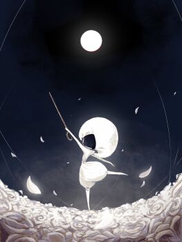 1girl aida_(aidacamelia0516) arthropod_girl black_skin colored_skin flower full_body full_moon highres holding holding_weapon hollow_knight hollow_knight:_silksong lace_(hollow_knight) leg_up long_sleeves moon pin_(hollow_knight) puffy_sleeves standing standing_on_one_leg weapon white_flower