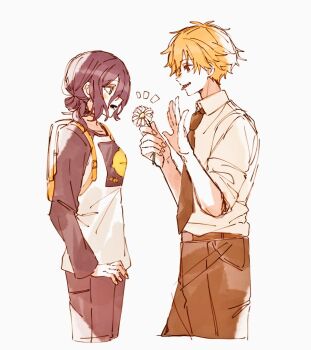 Rule 34 | 1boy, 1girl, backpack, bag, black choker, black necktie, black pants, black sleeves, blonde hair, blush, breasts, chainsaw man, choker, collared shirt, cowboy shot, cropped legs, denji (chainsaw man), er1ji6ou2004, flower, green eyes, hair between eyes, hair bun, hand up, holding, holding flower, looking at another, male focus, medium breasts, medium hair, necktie, open mouth, orange bag, pants, print shirt, purple hair, red eyes, reze (chainsaw man), sharp teeth, shirt, short hair, sleeves rolled up, teeth, tongue, tongue out, updo, white flower, white shirt