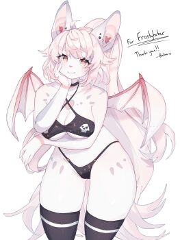 1girl :3 animal_ears baburusushi bat_ears bat_girl bat_wings bikini black_bikini black_thighhighs breasts cleavage commentary commission cowboy_shot frostybiter furry furry_female grey_eyes hand_on_own_face heart highres long_hair looking_at_viewer medium_breasts original pink_hair ponytail simple_background skull_print smile solo standing star-shaped_pupils star_(symbol) swimsuit symbol-only_commentary symbol-shaped_pupils thank_you thighhighs very_long_hair white_background white_fur wings