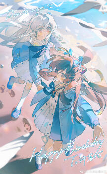 2girls :o absurdres ahoge beach bird blue_bow blue_coat blue_dress blue_footwear blue_neckerchief blue_ribbon blush_stickers bow brown_eyes brown_hair buttons coat commission commissioner_name day dress floating_clothes floating_hair footprints full_body hair_between_eyes hair_bow happy happy_birthday highres holding_hands kneehighs layered_dress leg_up long_hair long_sleeves multiple_girls neck_ribbon neckerchief ocean open_clothes open_coat open_mouth orange_eyes original outdoors outstretched_arm palms parted_lips pleated_dress pocket puffy_long_sleeves puffy_sleeves ribbon sailor_collar sanse_haiyan_baomihua seagull shadow shoes shore short_dress sidelocks smile socks standing tareme two_side_up very_long_hair watermark weibo_watermark white_dress white_hair white_sailor_collar white_socks wind