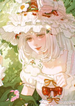 1girl absurdres bow bow_button bright_pupils chinese_commentary choker collarbone commentary_request day dress eyelashes flower food-themed_hair_ornament forest frilled_bow frilled_choker frilled_headwear frilled_wrist_cuffs frills hair_flower hair_ornament happy hat hat_bow hat_flower highres infinity_nikki lace-trimmed_headwear lace_trim light_blush light_particles lipstick long_hair looking_ahead makeup mg_miange nature nikki_(series) nostrils orange_ribbon outdoors parted_lips pointy_nose polka_dot polka_dot_bow puffy_short_sleeves puffy_sleeves red_bow red_eyes red_hat red_lips ribbon ribbon-trimmed_choker short_sleeves slug smile solo strawberry_hair_ornament sweet_waltz_(infinity_nikki) upper_body white_bow white_choker white_dress white_flower white_hair white_pupils white_wrist_cuffs witch_hat wrist_cuffs
