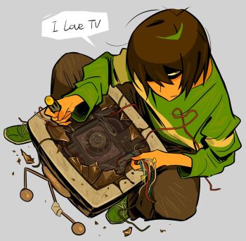 1other ant_tenna broken_tv brown_hair brown_pants cable deltarune english_text glass_shards green_shirt green_shoes grey_background hashtag-only_commentary highres holding holding_screwdriver kris_(deltarune) objectification pants partially_shaded_face screwdriver shattered shirt shoes short_hair solo speech_bubble ttag200 utdr_(toby_fox) wire